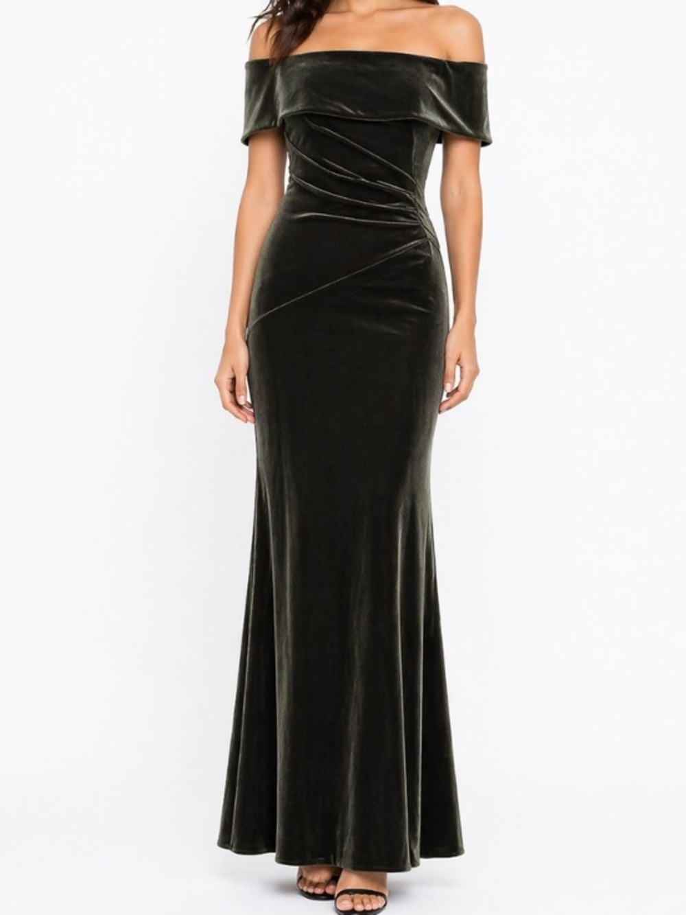 Xscape Green Velvet‎ Off Shoulder Gown